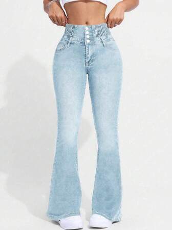 سراويل جينز نسائية ضيقة الخصر بقصة جرس مطاطية ذات صدر واحد