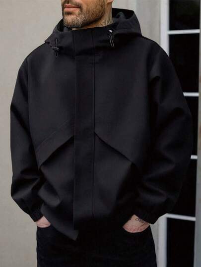 1pc Men's Woven Hooded Black Jacket, Suitable For Casual Daily And Sports Wear, Autumn/Winter Outerwear