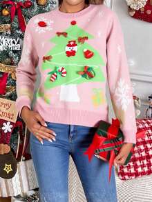 Suéter navideño casual mujer diseño divertido tejido jacquard árbol de Navidad copos holgado cuello redondo manga larga invierno fiesta familiar Ugly Sweater - Rosa - Ver 1