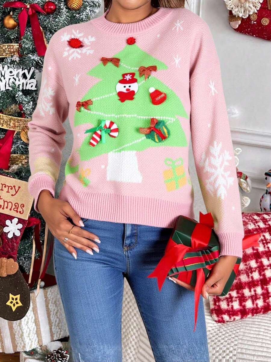 Suéter navideño casual mujer diseño divertido tejido jacquard árbol de Navidad copos holgado cuello redondo manga larga invierno fiesta familiar Ugly Sweater - Rosa - Ver 1