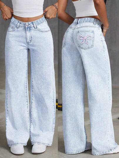 Tween Mädchen Oversized Lässig Komfortable Schleife Muster Weite Jeans Hose