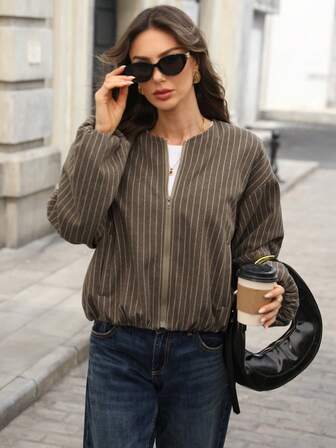 Chaqueta casual de rayas de moda de invierno verde para el Día de Acción de Gracias, abrigo de estar en casa