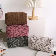 1pc Minimalist Floral Corduroy Cosmetic Bag, Portable Travel Organizer Pouch, Oxford Cloth Lining