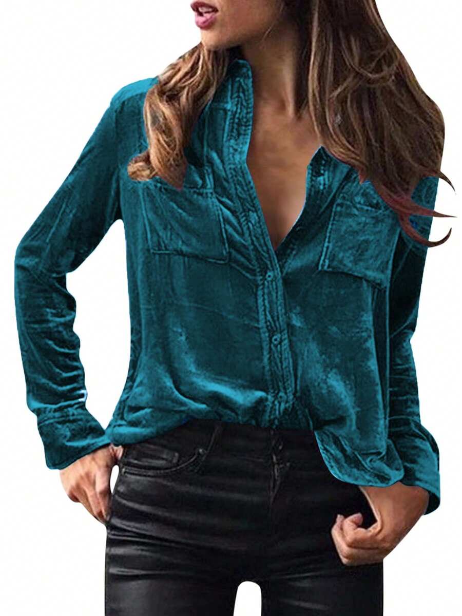 一件纯色长袖衬衫，带口袋，女士天鹅绒领衬衫，适合秋冬春季休闲穿着。 - 寶藍色 - 查看 1