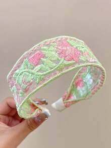 3 piezas Diademas con bordado de flores de estilo retro chino para niñas, tocado de tela floral de ala ancha