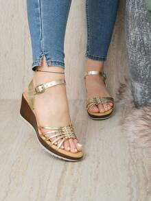 Zapatos de Tacón Corrido Para Dama Estilo KAYLANI 200   Casual    Diamante de imitación  Hebilla - Oro Espejo - Ver 4