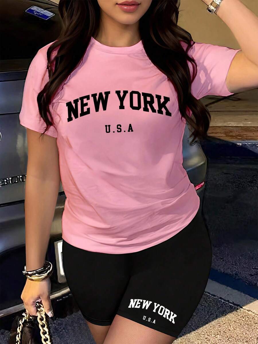 Conjunto set paquete pack 2 piezas dama mujer playera camiseta blusa gráfica manga corta cuello redondo shorts leggings biker cortos básico casual estampado ciudades new york NY nueva york - Rosa - Ver 1