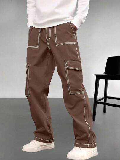 1 件男士纯色休闲工装裤，适合通勤、锻炼、户外、徒步旅行、宽松版型、时尚、健身、慢跑、宽松直筒裤、百搭、街头服饰、日常休闲