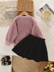 女童字母和泰迪熊羊毛卫衣和裙子套装，春秋季