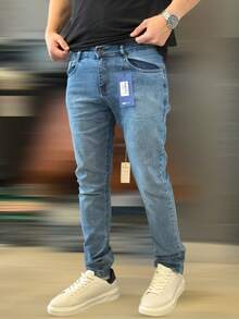 Men's Slim Denim Jeans, Elastane Lycra - 大理石藍 - 查看 1