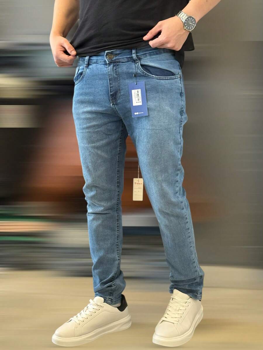 Men's Slim Denim Jeans, Elastane Lycra - 大理石藍 - 查看 1