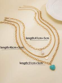 1pc Multi-Layer Necklace Set With Green Heart Turquoise & Pearl Pendant, Bohemian Style