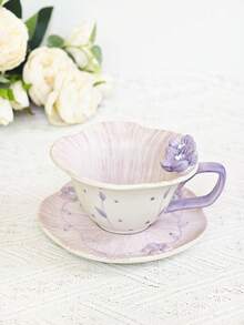 1 Set Minimalist Design Hand-Painted Embossed Plum Blossom Coffee Cup + Saucer Set