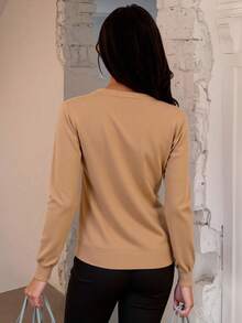 Suéter para mujer estilo casual sencillo tejido color sólido ajustado escote V manga larga otoño invierno uso diario oficina - Beis - Ver 2
