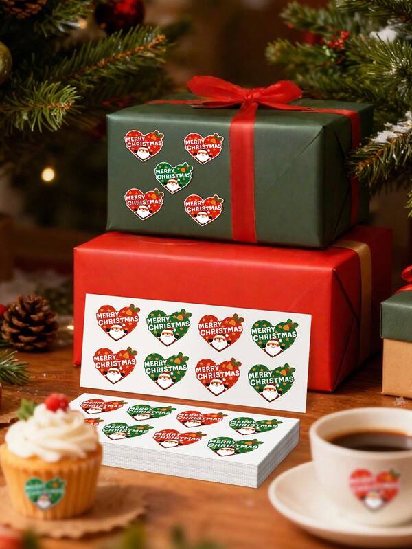 Heart-Shaped Christmas Gift Sticker Labels, 40pcs - Holiday Christmas Stickers, Santa Claus Self-Adhesive Stickers For DIY Gift Wrapping, Baking Packaging, Coffee Cup, Cupcake Decoration, Box Sealing Stickers, Festival Holiday Birthday Gift Decoration, Gift Box Decoration Bag, Packaging Labels, Christmas Gifts Decor
