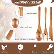 Geiserailie 12 Pcs Wooden Utensils For Eating Wooden Spoon Fork Knife Cutlery Set Kitchen Wood Dinner Flatware Tableware Set Includes Spoon, Fork, Knife (Teak Wood) - ColorC - 查看 2