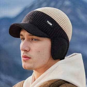 Gorro de invierno para hombres - Diseño con orejeras, estilo de color contrastante, ligeramente elástico, gorra cálida para actividades al aire libre, adecuada para viajes en clima frío, gorro de punto de invierno, gorra de béisbol con protección de orejas para hombres, deportes al aire libre, ciclismo, esquí