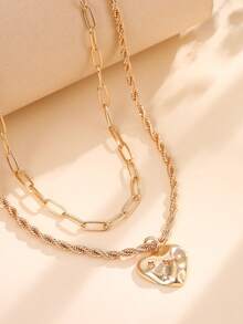 Tkool 2pcs Unique Layered Copper Heart Shaped Nail Necklace, Checkered Clasp & Shiny Cubic Zirconia Pendant - Yellow Gold - View 2