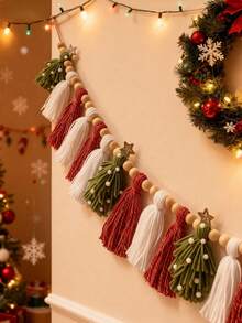 1 PIEZA Guirnalda de cuentas de madera con borlas, decoración de pared estilo bohemio, decoración navideña para el hogar, decoración de pared, decoración de fiesta, decoración de otoño, 2025, decoración de pared