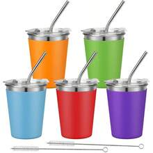 - Vasos para nios con tapas y popotes, paquete de 5 tazas actualizadas de acero inoxidable irrompibles de 12 onzas, a prueba de derrames con manga colorida, taza reutilizable para adultos y - Pajita de metal -rojo/azul/verde/naranja/morado - Ver 2