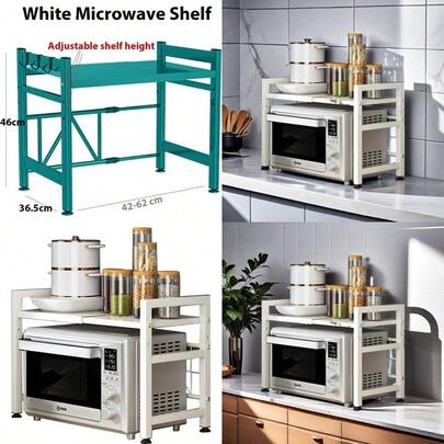 Expandable Microwave Oven Rack Adjustable Kitchen Counter Shelf 2 Tier Heavy Duty Adjustable Microwave/Toaster Shelf With 6 Hooks Adjustable Kitchen Counter Shelf White 2Tiers
