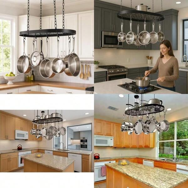 Black Hanging Pot And Pan Rack Organizer SpaceSaving Ceiling Mount Cookware Storage Rack 2 Heavy Duty Swag Hangers And 15 SHooks; Bonus 2 Heat Resistant Oven Mitts.Colgador Para Ollas Y Sartenes.