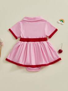 Adorable Baby Girl Fall Romper - Lapel Collar Short Sleeve Bodysuit, Bow  Cherry Embroidery Cute Outfit - Pink - View 7