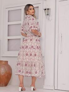 Women's Fashion Midi Dress In 3D Laise Fabric With Elastex On The Back And Button On The Front And Lining - 查看 3