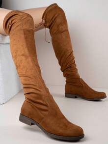 Over The Knee Boots With Low Block Heel And Soft Suede Finish - Camel - View 1
