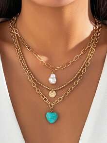 1pc Multi-Layer Necklace Set With Green Heart Turquoise & Pearl Pendant, Bohemian Style
