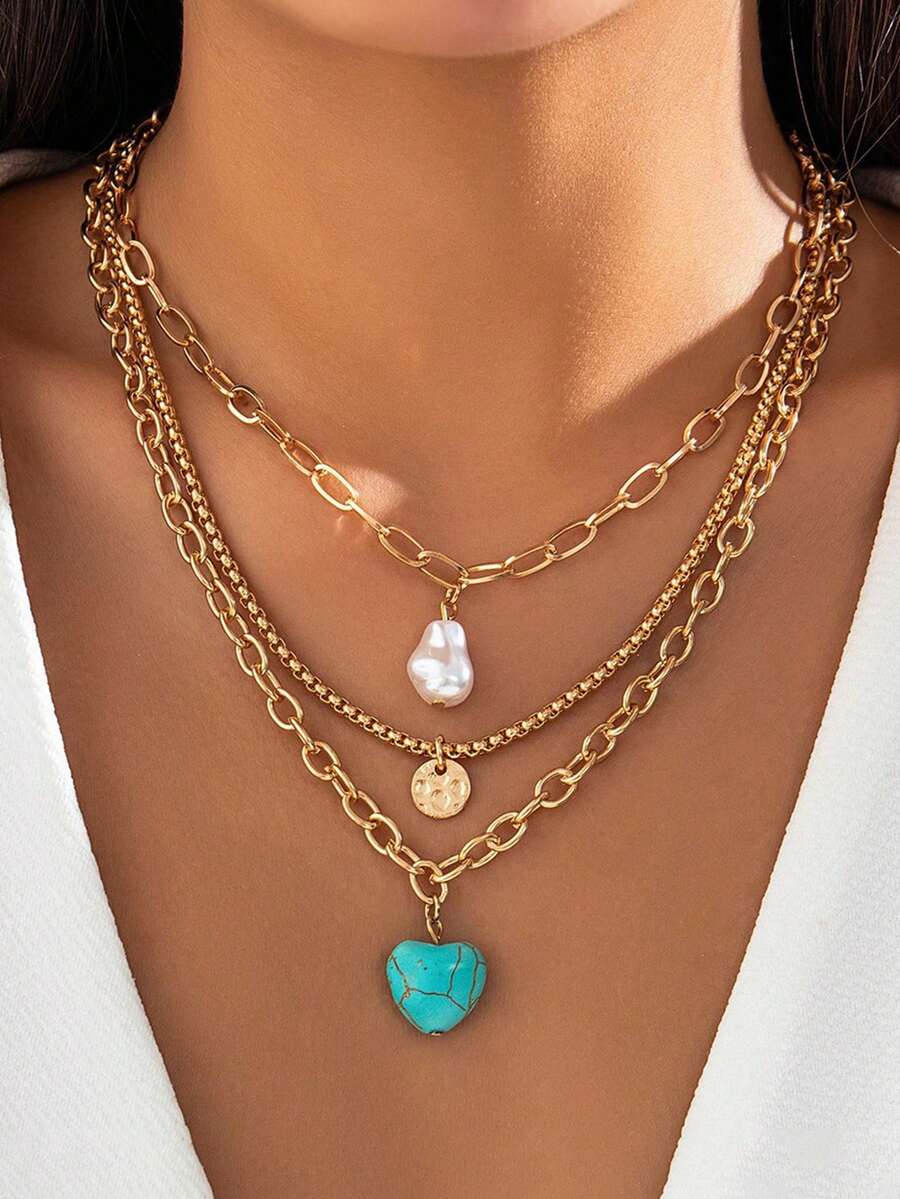 1pc Multi-Layer Necklace Set With Green Heart Turquoise & Pearl Pendant, Bohemian Style