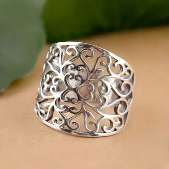 1 pièce Bague argent minimaliste à motif floral creux, convient pour le casual, les fêtes, les vacances et les cadeaux