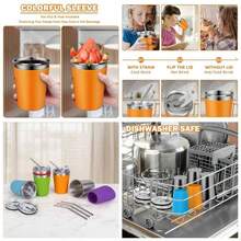 - Vasos para nios con tapas y popotes, paquete de 5 tazas actualizadas de acero inoxidable irrompibles de 12 onzas, a prueba de derrames con manga colorida, taza reutilizable para adultos y - Pajita de metal -rojo/azul/verde/naranja/morado - Ver 1