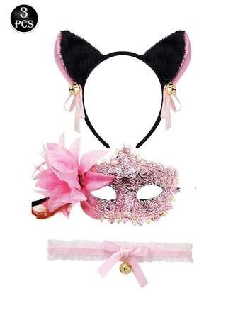 3件套粉色蕾丝猫耳领服装配饰，女士性感内衣配饰