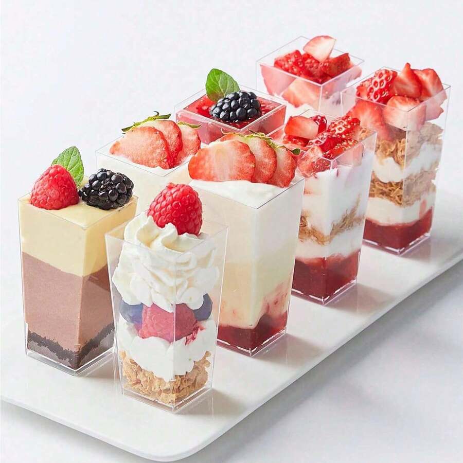 5个/套 3盎司/90毫升方形迷你甜点杯，透明塑料派对零食碗，适合生日婚礼派对 - 透明 - 查看 1