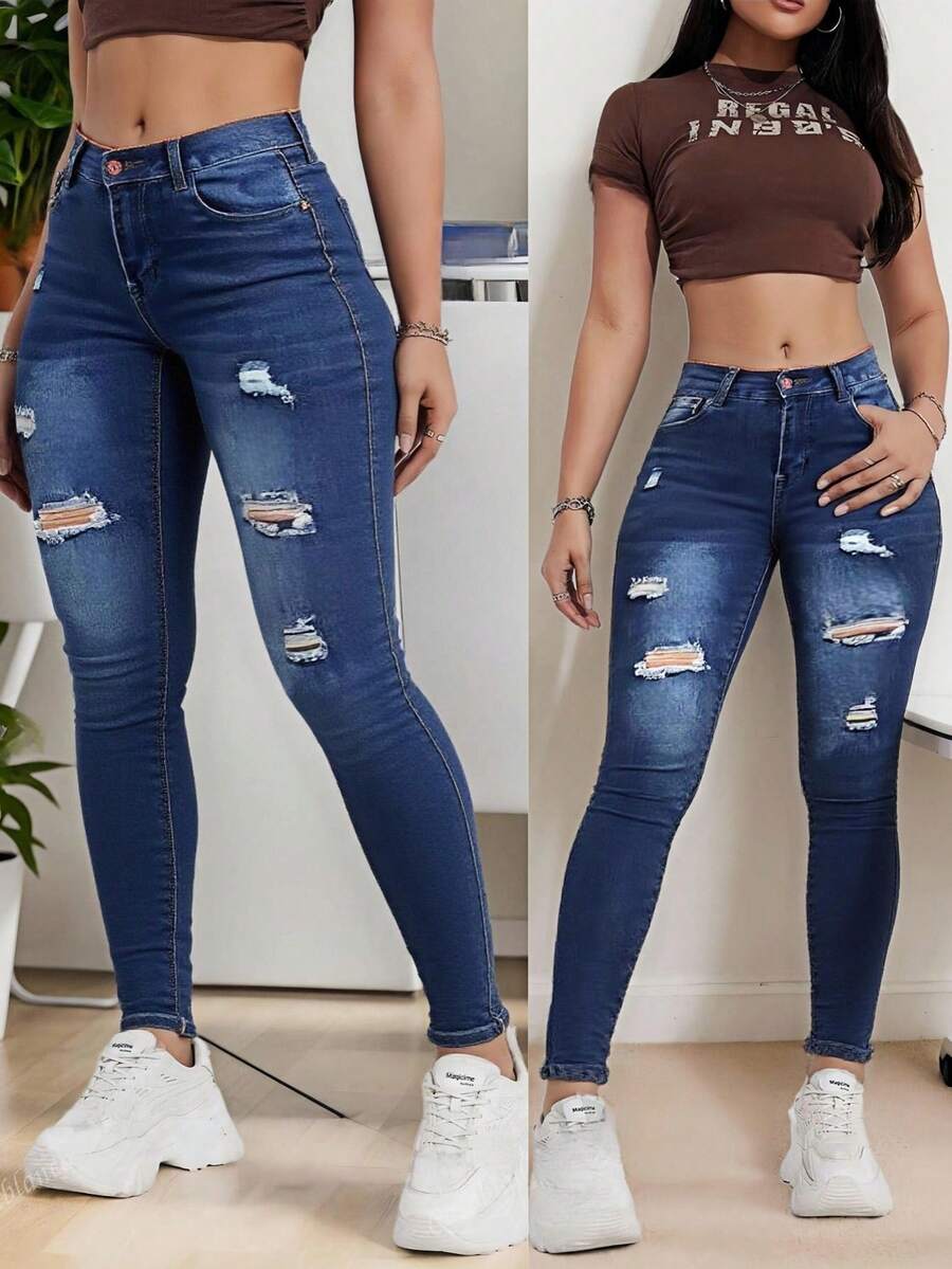 Jeans ajustado para mujeres para uso casual diario ,Pantalones vaqueros azules ajustados elásticos ,Vístete cómoda y con estilo, Pantalones Skinny Jeans de Mezclilla, Efecto Levanta Glúteos, Diseño de múltiples botones, Jeans pitillo con estampado de bigotes de gato para atuendo diario - Azul lavado medio - Ver 1