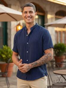 Men's Short Sleeve Shirt With Priest Collar Comfort And Elegance For Work And Everyday Life - Blue and White - View 1