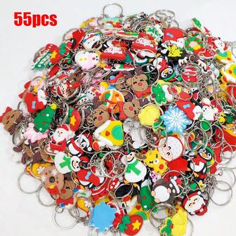 25/30/35/40/45/50/55个随机圣诞主题钥匙扣 - 圣诞树、圣诞老人、圣诞服装、驯鹿、企鹅、雪人、房子、雪花等多种款式，适合作为圣诞礼物、派对小礼品、包包挂饰、汽车装饰、送给老师、朋友、姐妹的礼物创意