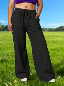 Plus Size Women Casual Soft Jogger Pants, Loose Straight Leg Workout Leggings For Running, Fitness, Yoga, Fashionable Daily Outdoor Slim Fit Pants With Pockets, Autumn/Winter - Black - View 3