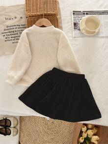 2pcs Young Girls Letter & Teddy Bear Fleece Sweatshirt And Skirt Set, Spring/Autumn