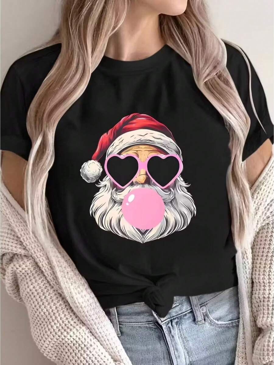 Camiseta playera básica gráfica estampada casual dama mujer manga corta cuello redondo look casual relajado cómodo versátil fresca ligera colorido diseño navidad año nuevo santa claus cool gafas corazón chicle rosa divertido - Negro - Ver 1