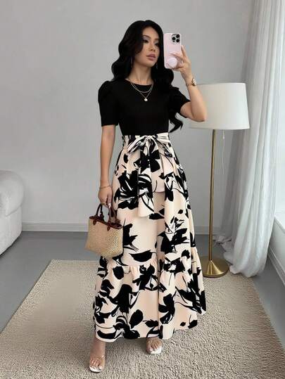 Vestido Estampado De Cintura Alta, Moderno Y Elegante.