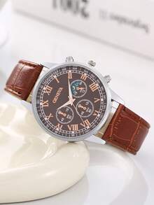 男士时尚休闲商务皮带和石英表套装 - 棕色 - 查看 6