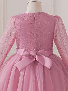 Shiny Red Princess Tulle Dress, Lace & Beaded Details, Elegant Long Sleeve Mesh Dress, Suitable For Weddings, Piano Bird Pattern, Polyester Party Gown, Wedding Guest Dress - Pink - View 6