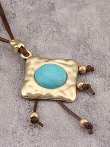 1 pieza Collar colgante cuadrado de aleación minimalista y elegante, collar largo de cuerda de cera turquesa y marrón, regalo para novio/novia