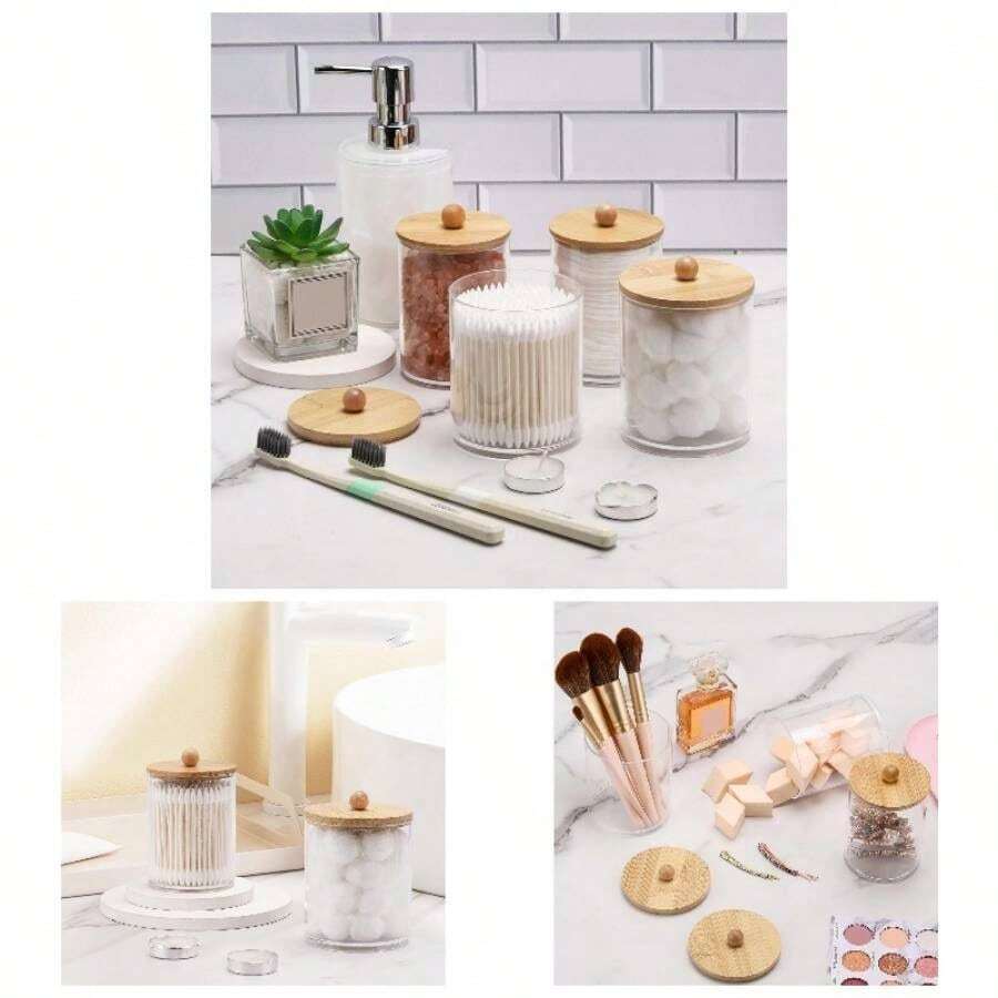 4pcs Organizador de Bao con Tapa de Bamb, Recipiente Transparente de 10oz para Hisopos de Algodn, Bolas de Maquillaje, Hilo Dental y de Bao, etc. Adecuado para Bao, Dormitorio, etc. - transparente - Ver 1
