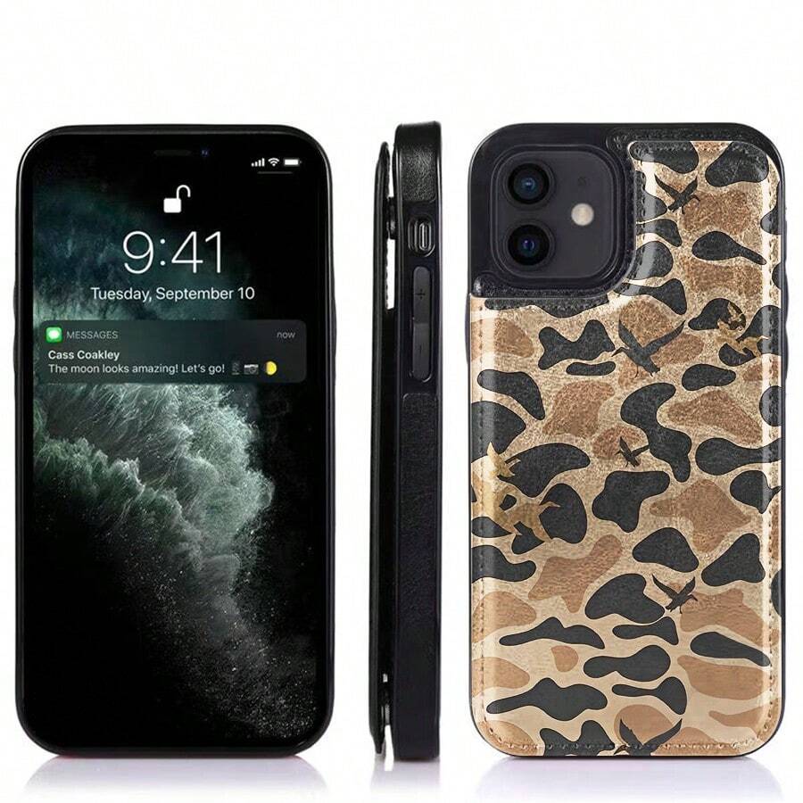 Camouflage With Flying Birds Pattern. Faux Leather Wallet Case For IPhone 17/16 Pro Max/15/14/13/12/11/ Galaxy Phone Cases|Slim Shockproof TPU With 3 Card Slots|Gift Idea- Replace Your Wallet - 黑色 - 查看 1