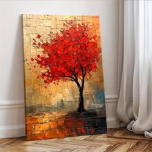 1pc  Modern Urban Landscape Canvas Art - Textured Tree Design  Painting With  Wood Frame, Vibrant Red Leaves & Golden Hues, Ready-To-Hang Home Office Wall Decor, Tree Decor, Dynamic Brushstrokes, 2D Flat - Đỏ - Xem 2