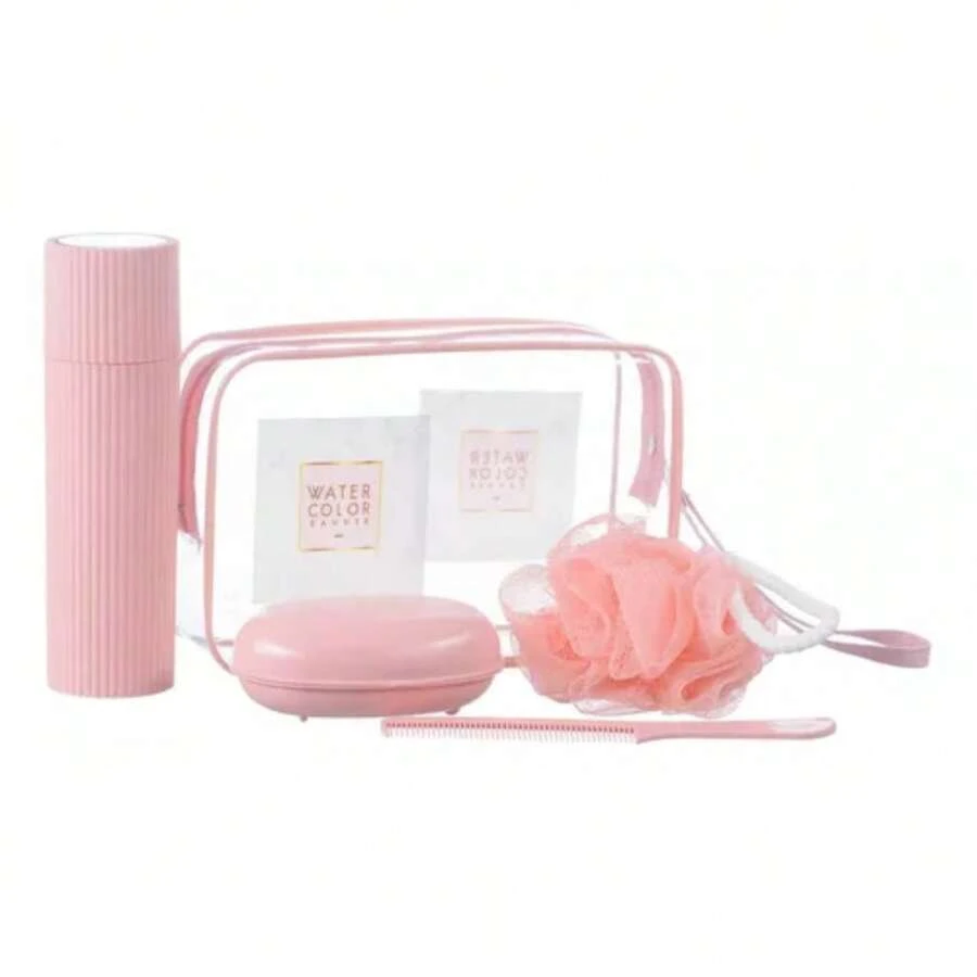 5-Piece Travel Kit With Transparent Bag – Bath Sponge, Comb, Soap Dish And Shampoo/Shower Bottle - 粉色 - 查看 1