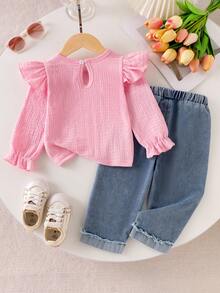 2pcs Baby Girl Casual Solid Color Ruffle Trim Long Sleeve Top And Butterfly Embroidery Frayed Hem Elastic Waist Denim Pants Set, Spring/Autumn - Hồng - Xem 2